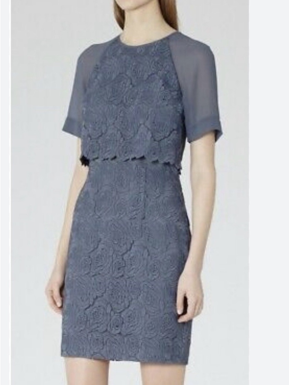 Reiss Slate Blue Lace-Trim Dress